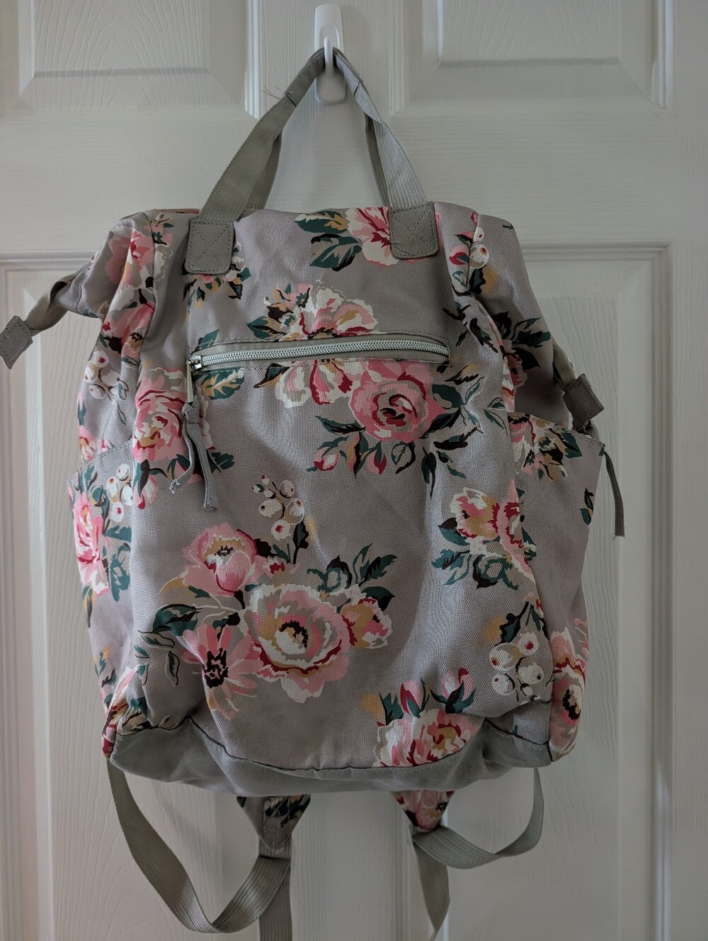 Baby Essentials Gray Floral Backpack with Pink Rose Accents